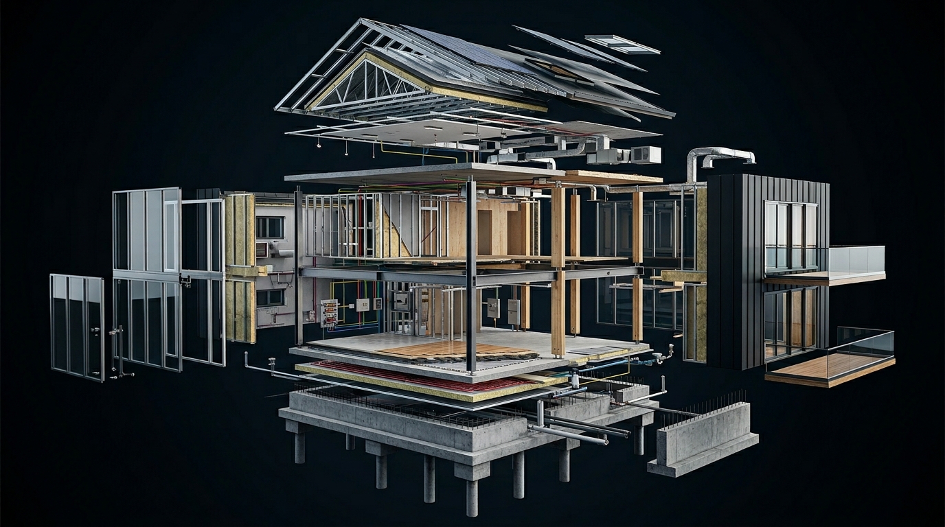 Exploded architectural view — all building systems